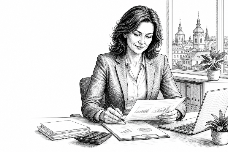 Female accountant in her 40s reviewing financial documents at a tidy desk in a bright modern office in a Czech city, foc