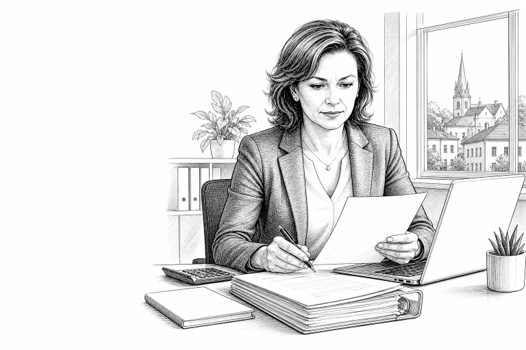 Czech female accountant in her 40s reviewing documents at a tidy desk in a bright modern office in a small city, focused