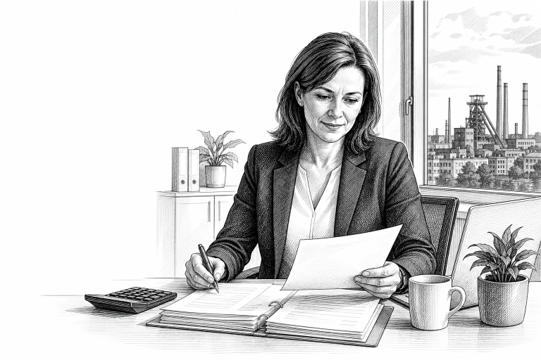 Czech female accountant in her 40s reviewing documents at a tidy desk in a modern Ostrava office, warm natural light, fo