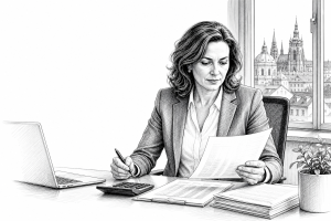 Female accountant in her 40s reviewing financial documents at a tidy desk in a modern Prague office, warm natural light