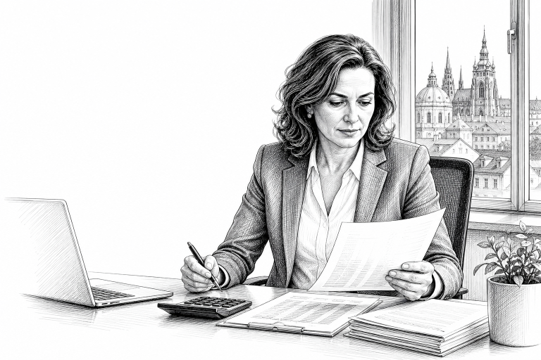 Female accountant in her 40s reviewing financial documents at a tidy desk in a modern Prague office, warm natural light