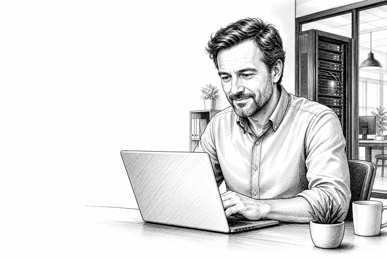 Czech small business owner in his 40s reviewing website analytics on a laptop at a clean desk, server rack visible in th