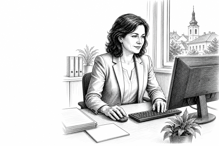 Town hall employee in her 40s updating municipal website on desktop computer in a bright Czech local government office,