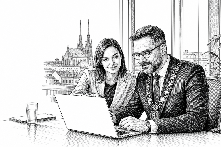 Czech municipal office worker and mayor reviewing a new city website on a laptop together in a bright Brno city hall mee