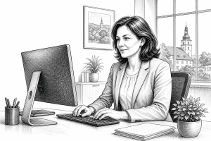 Municipal office worker in her 40s updating a town website on a desktop computer, bright modern Czech town hall interior