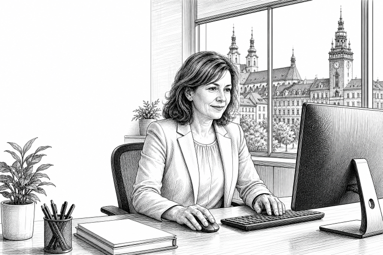 Czech municipal office worker in her 40s updating a city website on a desktop computer, bright modern town hall interior