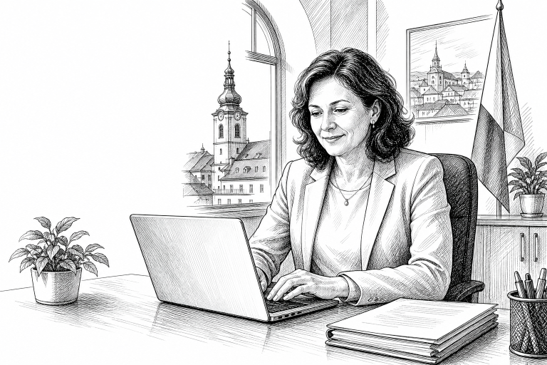 Municipal office worker in her 40s sitting at a desk in a Czech town hall, updating a local government website on a mode