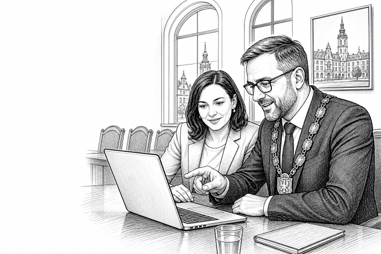 Municipal office worker and local mayor reviewing new town website on laptop together in a bright Czech town hall meetin