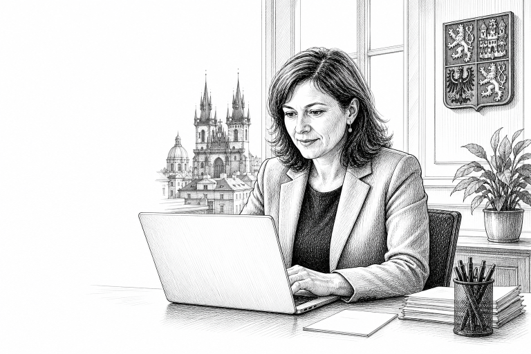 Czech municipal office worker in her 40s reviewing a town website on a laptop at a bright desk, city hall interior backg
