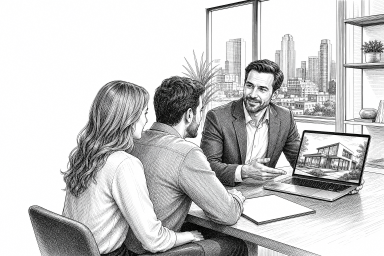 Real estate agent in his early 40s showing property listing on laptop to a couple in a bright modern office, city view t