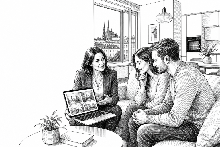 Real estate agent in her early 40s showing property listings on a laptop to a couple in a modern Brno apartment, bright