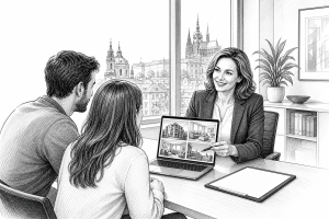 Real estate agent in her early 40s showing property listings on a laptop to a couple in a bright modern office in a Czec