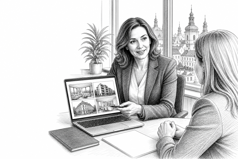 Real estate agent in her early 40s showing property listings on laptop to a client in a bright modern office in a Czech