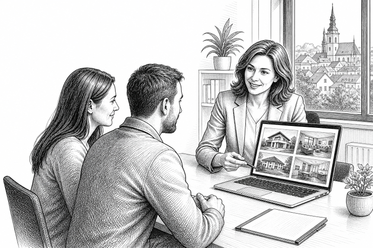 Real estate agent in her early 40s showing property listings on a laptop to a couple in a bright modern office in a Czec