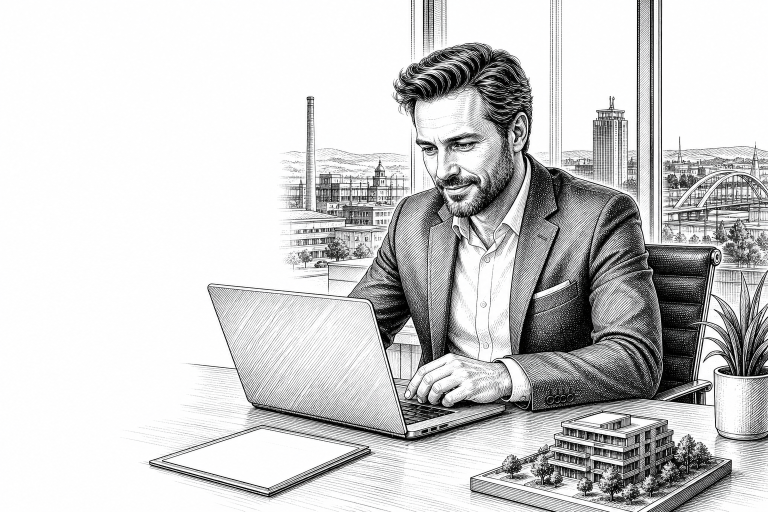 Real estate agent in his early 40s reviewing property listings on laptop in a modern Ostrava office, city view through w
