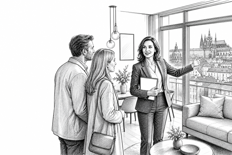 A real estate agent in her early 40s showing a modern Prague apartment to a couple, bright interior, large windows with