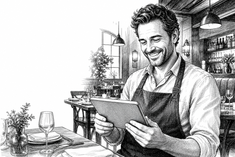 Warm restaurant interior with a smiling owner reviewing the new website on a tablet, wooden tables set for dinner, soft