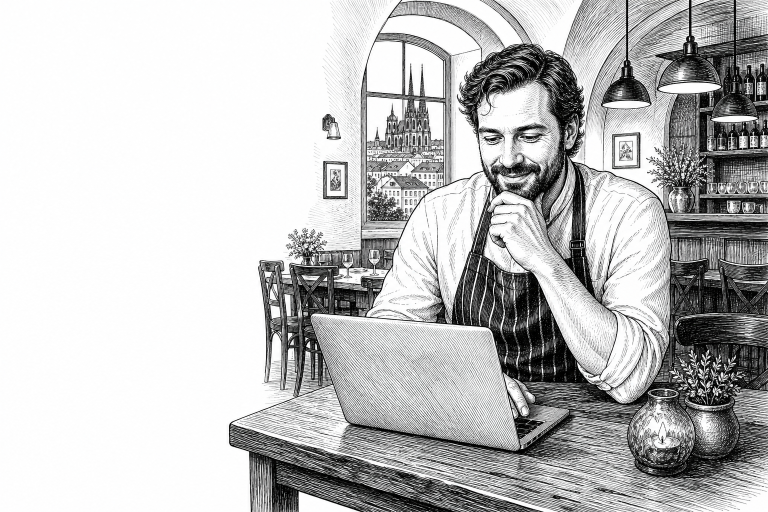 Restaurant owner in Brno reviewing a new website on a laptop at a wooden table, cozy Czech restaurant interior with warm