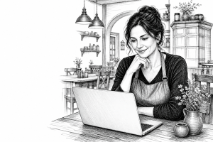 Restaurant owner in her early 40s reviewing a website on a laptop inside a cozy Czech restaurant, warm interior lighting