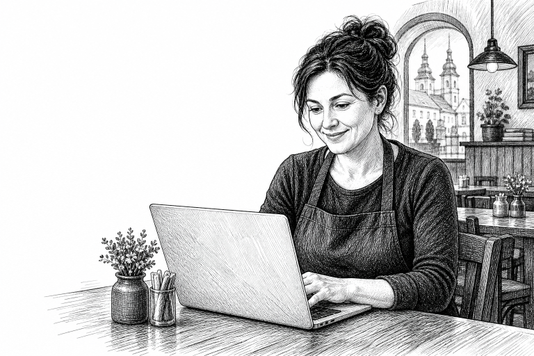 Restaurant owner in her early 40s reviewing a website on a laptop inside a cozy Czech restaurant in Hradec Králové, warm
