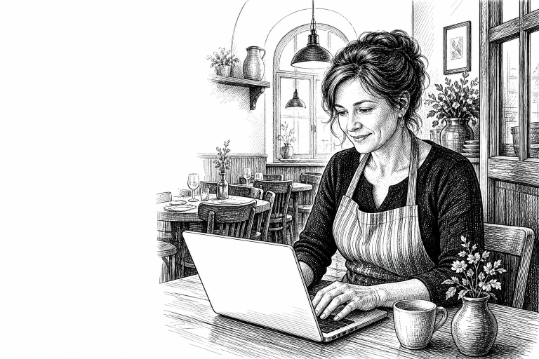 Restaurant owner in her 40s updating menu on a laptop inside a cozy Czech restaurant dining room, warm interior lighting