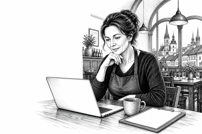 Restaurant owner in her 40s reviewing menu on laptop inside a cozy Czech restaurant in Olomouc, warm interior lighting,