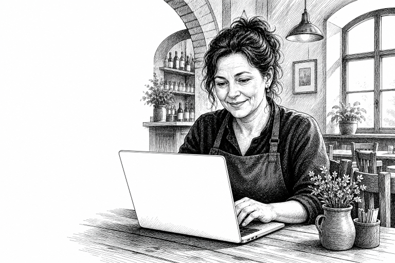 Restaurant owner in her 40s reviewing a website on a laptop at a wooden table inside a cozy Czech restaurant in Opava, w