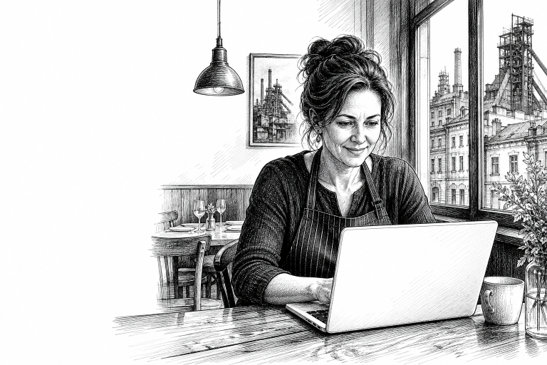 Restaurant owner in her 40s reviewing a website on a laptop at a wooden table inside a warm, cozy Ostrava restaurant, na