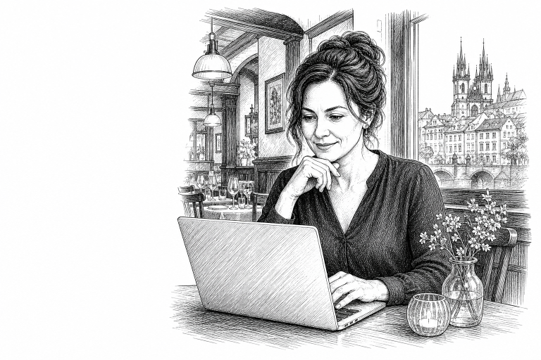 Restaurant owner in her 40s reviewing website on laptop at a Prague restaurant table, warm interior lighting, wooden dec