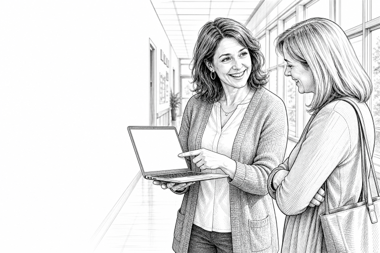 Elementary school teacher in her 40s showing a website on a laptop to a colleague in a bright school hallway, both smili