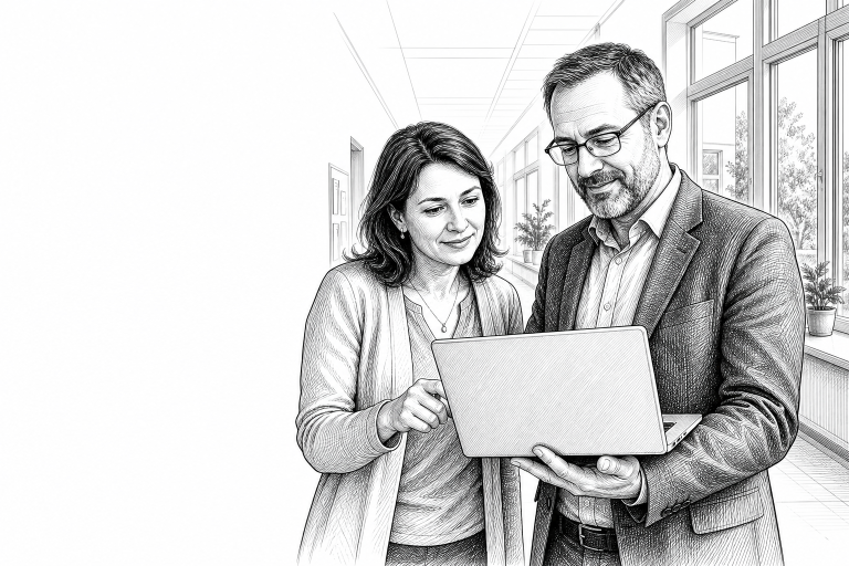 Czech school principal and a teacher reviewing a new school website on a laptop in a bright school hallway, Karvina regi