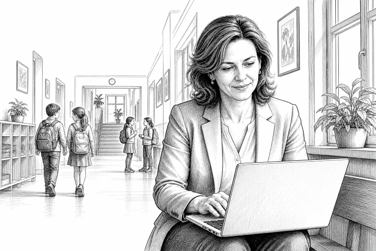 School administrator woman in her 40s updating a website on a laptop in a bright Czech elementary school corridor, stude