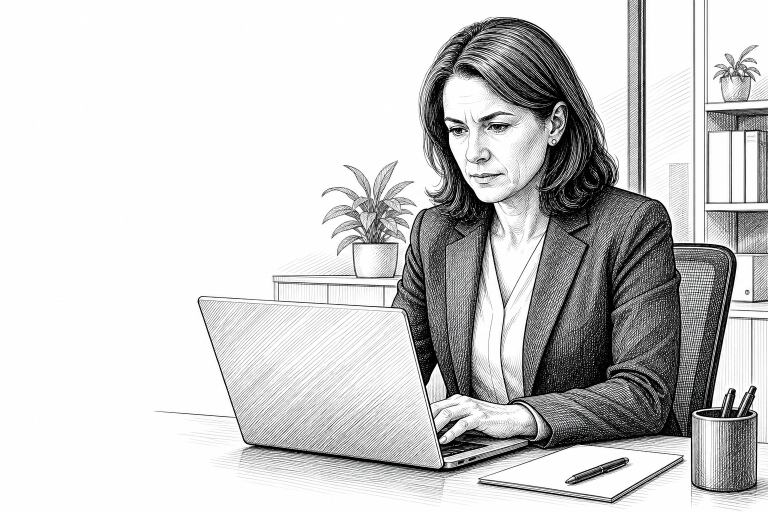 A compliance officer in her 40s reviewing a secure digital reporting form on a laptop in a modern corporate office, seri