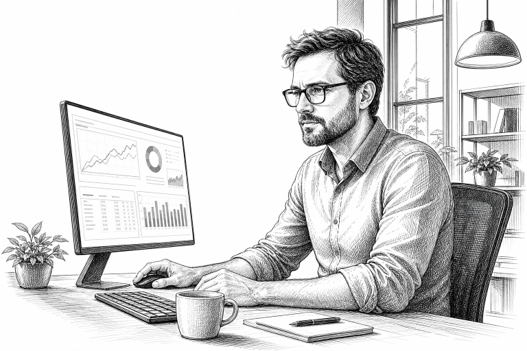 Czech web developer in his late 30s analyzing website performance metrics on a large monitor, focused expression, modern