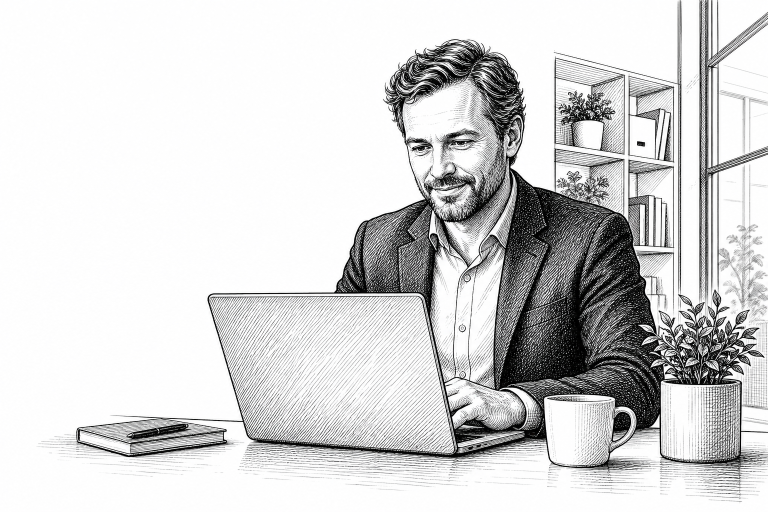 Czech small business owner in his 40s reviewing AI agent dashboard on a laptop in a bright modern office, looking satisf