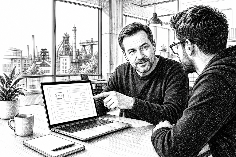 Czech small business owner in his 40s discussing AI application mockup on a laptop screen with a developer in a bright m