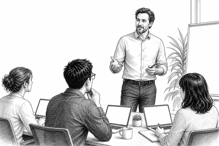 A trainer in his early 40s leading a small group workshop on AI tools, participants taking notes on laptops in a bright