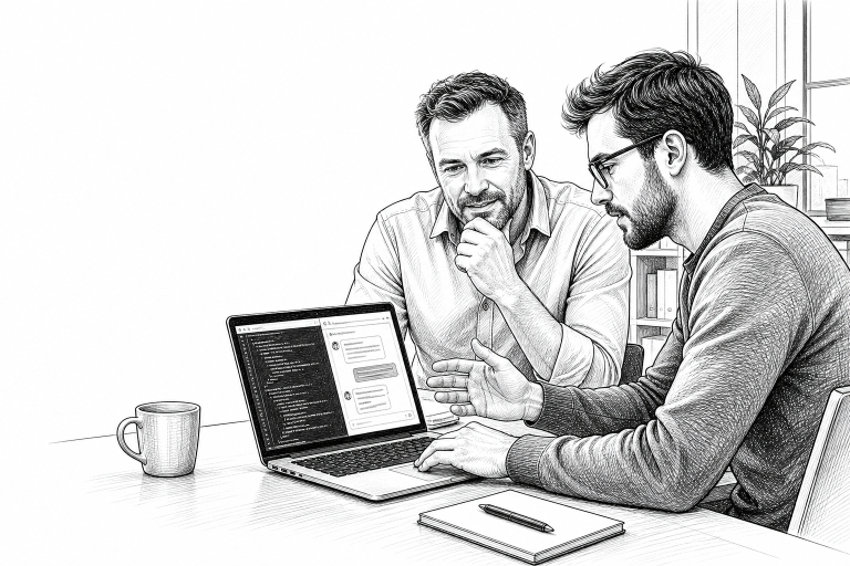Czech small business owner in his 40s discussing AI integration with a developer, both looking at laptop screen with cod