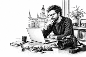 A photographer in their 30s reviewing a portfolio website on a laptop, camera and printed photos spread across a bright
