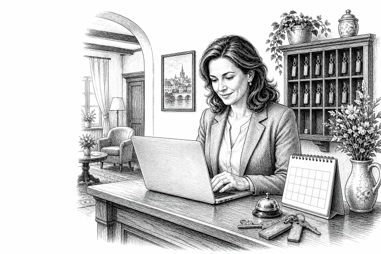 A hotel owner in her 40s reviewing a laptop at a reception desk, with room keys and a calendar visible in a cozy Czech p