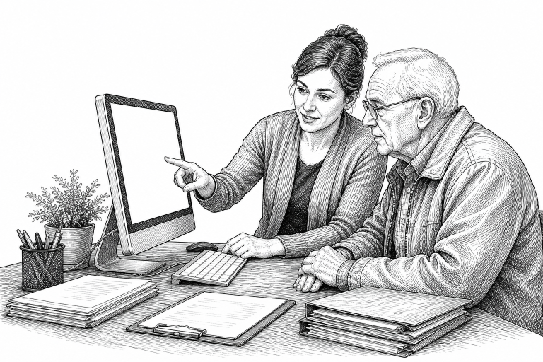 A municipal clerk at a town hall desk helping an elderly citizen navigate a modern website on a desktop computer, with o