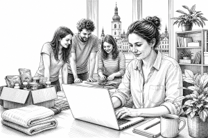 A nonprofit coordinator in her 30s reviewing a website on a laptop, surrounded by volunteers and community project mater