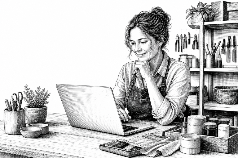 A small business owner in her 40s reviewing a clean website on a laptop at her workshop desk, surrounded by tools and pr